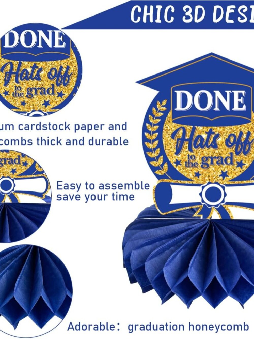 Graduation Decorations Class of 2026 Blue Congrats Grad Honeycomb Centerpieces C - Picture 5 of 6